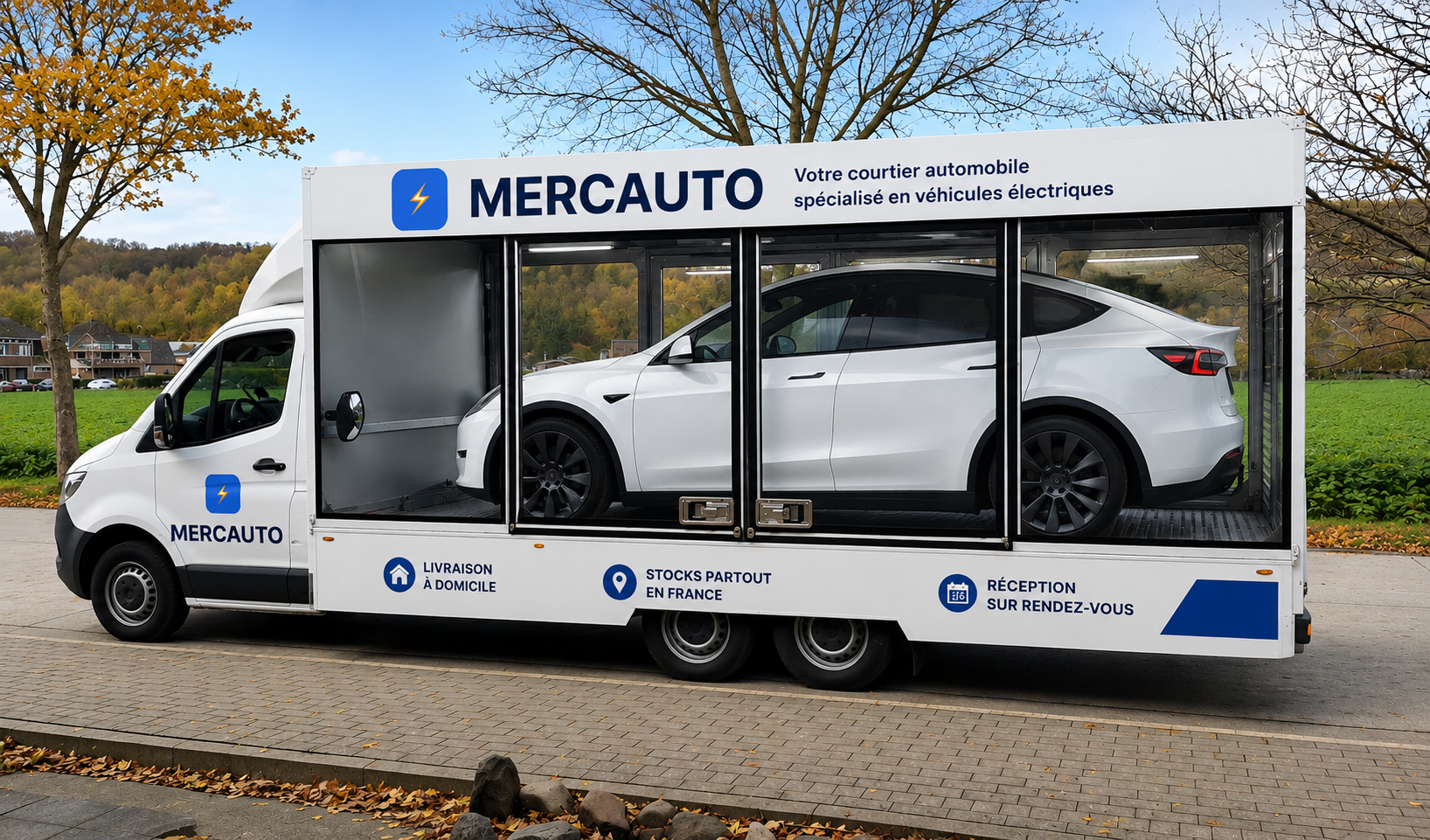 Camion de livraison MERCAUTO transportant un véhicule électrique